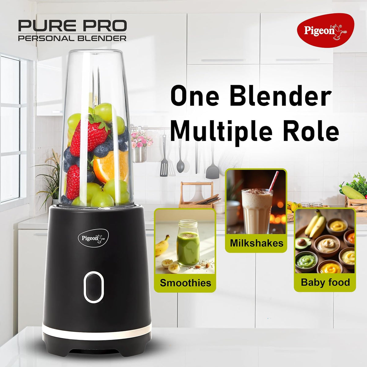 Pigeon by Stovekraft Pure Pro | Grinder Juicer Blender Smoothie Maker All-in-1 Machine | 300 Watt | ‎230 Volts | 2 Jars-