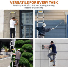 BonKaso VertiPro 3.8M(12.5Ft) Telescopic Ladder|Aluminum Ladder 13 Steps|Multipurpose for Home & Outdoor use with Self Lock Mechanism|EN131 Certified Max Load Capacity of 150kg