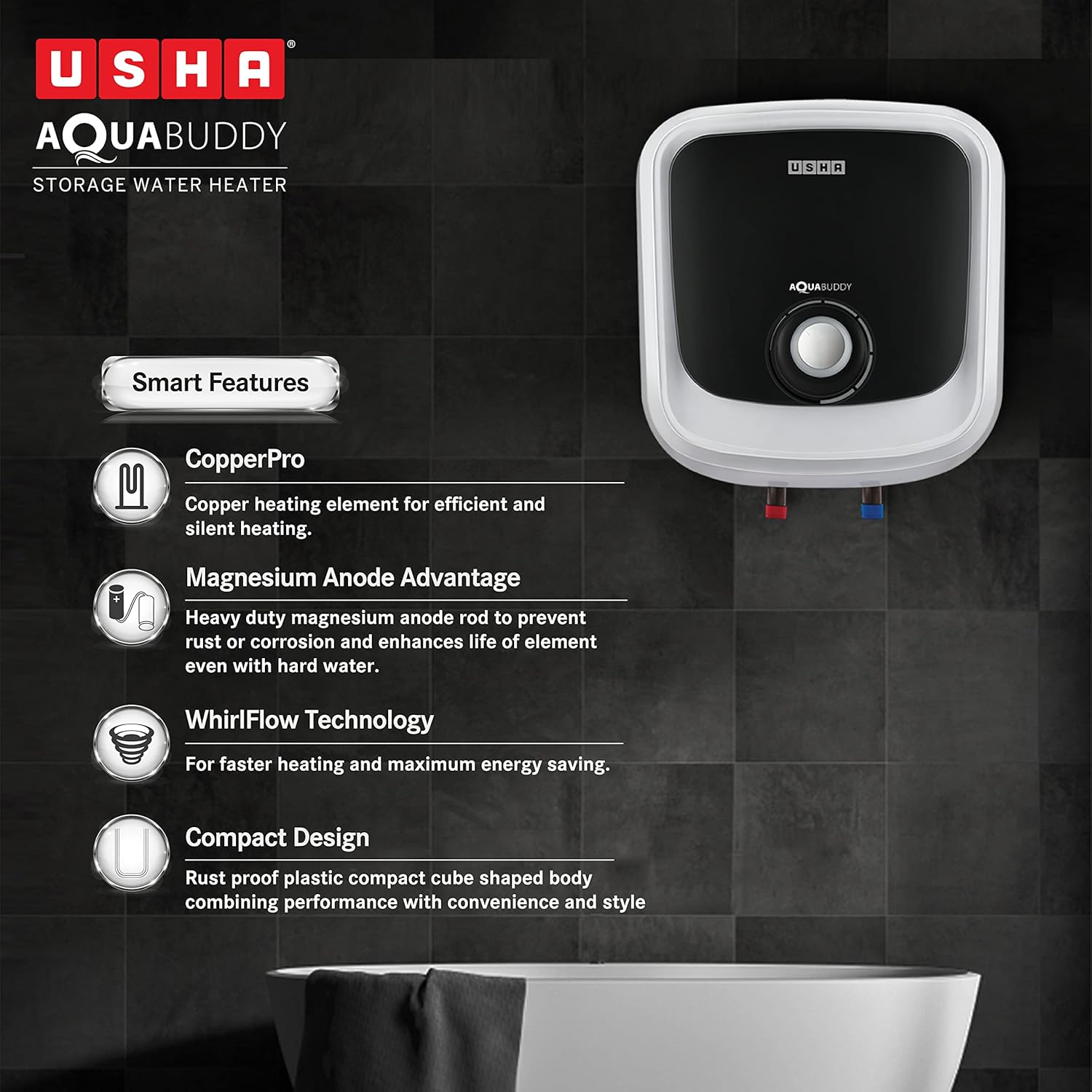 USHA Aquabuddy 15 Litre Storage Wall Water Heater With Free Installation (White Black)