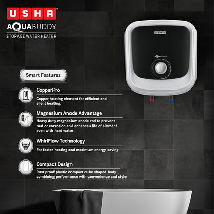 USHA Aquabuddy 15 Litre Storage Wall Water Heater With Free Installation (White Black)