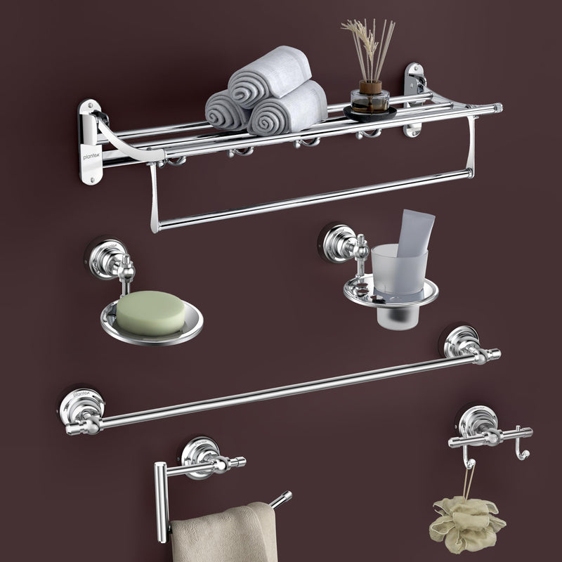 Plantex Bathroom Set - Stainless Steel Folding Towel Rack with 304 Grade Skyllo Bathroom Accessories Set of 5 - Towel Rod/Napkin Ring/Tumbler Holder/Soap Holder/Robe Hook - Combo (Chrome)-1