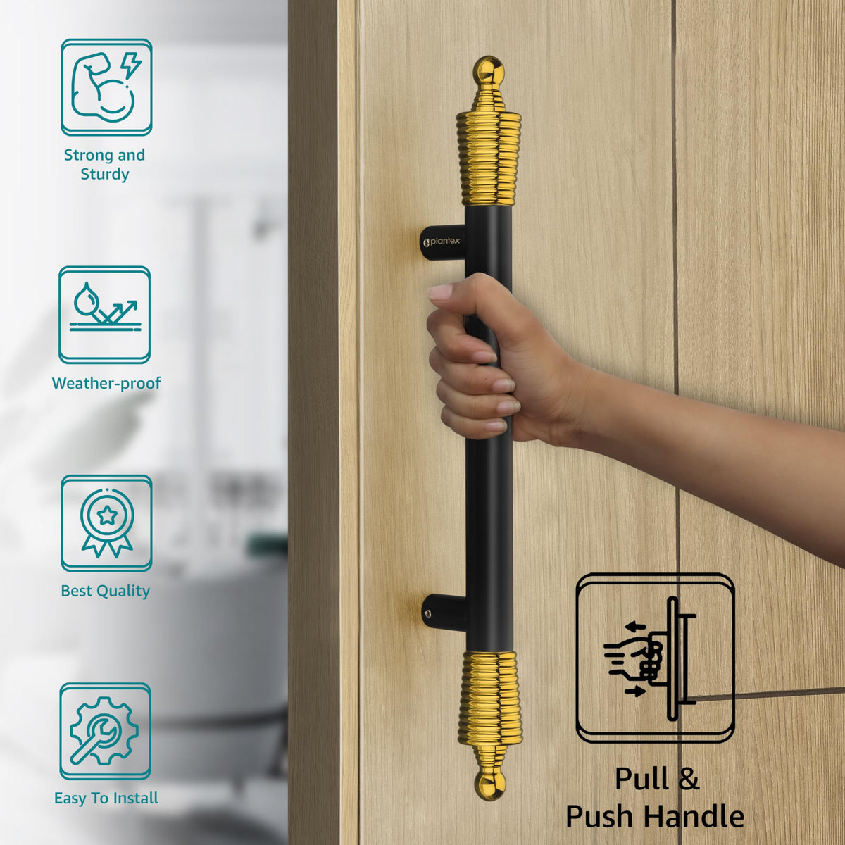 Plantex Heavy Duty Door Handle for Main Door/14-inches Main Door Handle/Pull Push Door Handle for Wooden & Glass Door - Pack of 1 (Black and Gold) - 3 Years Warranty-3