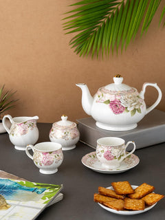 Clay Craft Gold Print Premium Fine Ceramic Tea Set of 15 Pcs (1 Kettle + 6 Cups + 6 Saucers + 1 Milk Pot + 1 Sugar Pot) (Design 6 - Rose(R512))