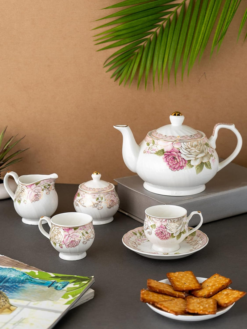 Clay Craft Gold Print Premium Fine Ceramic Tea Set of 15 Pcs (1 Kettle + 6 Cups + 6 Saucers + 1 Milk Pot + 1 Sugar Pot) (Design 6 - Rose(R512))