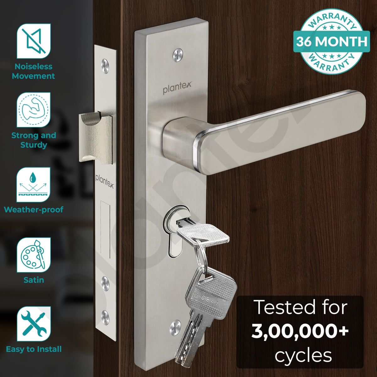 Plantex Heavy-Duty Door Lock Set - Main Door Lock Handle Set/Mortise Lock with 3 Keys, Brass Lock Body & Cylinder (8125 - Steel Satin & Chrome)-2