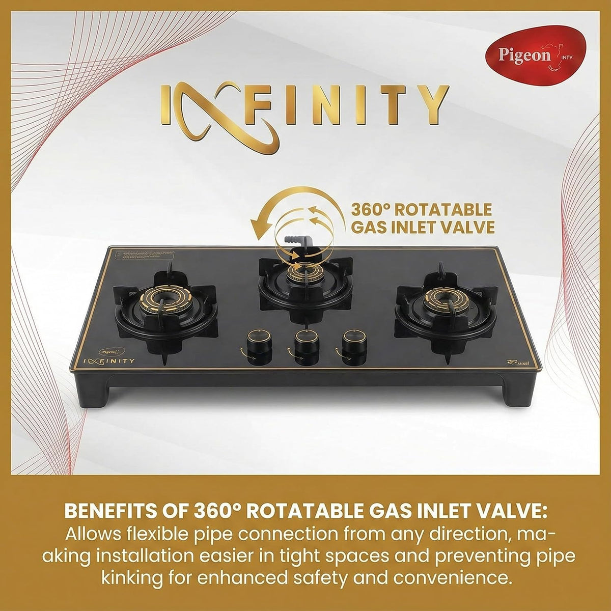 Pigeon Infinity Gold Gas Cooktop Glass Top and Stainless Steel Black Body 3 Burner Gas Stove | ISI Certified | Manual Ig