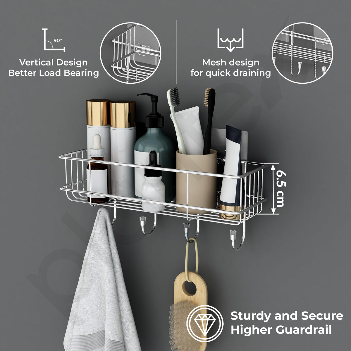 Plantex Stainless Steel Self Adhesive Bathroom Shelf/No Drill Bathroom Organizer with Hooks/Washroom Shelf- Pack of 1(Chrome)-4
