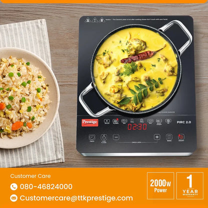 Prestige PIRC 2.0 2000 Watts Infrared Dual Heating Zone Cooktop |High Voltage Surge Protection| Dual Heat Mode| Radiant Heating Technology| Feather Touch Buttons| Stainless Steel Body| Black & Silver