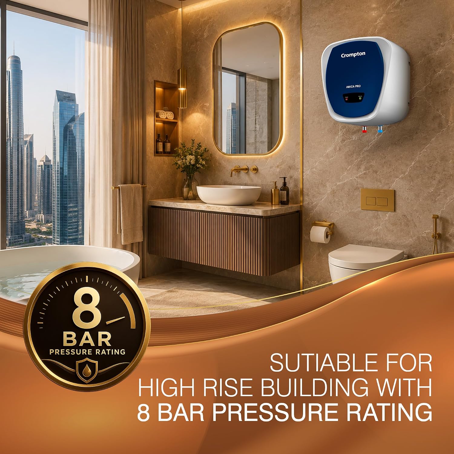 Crompton Amica Pro 25L 5‑Star Storage Water Heater (Geyser) | Glassline Tank for Hard Water | Free Installation | 8 Bar High‑Rise Pressure | 5‑Level Safety | Rust‑Proof Body | 2kW Fast Heating