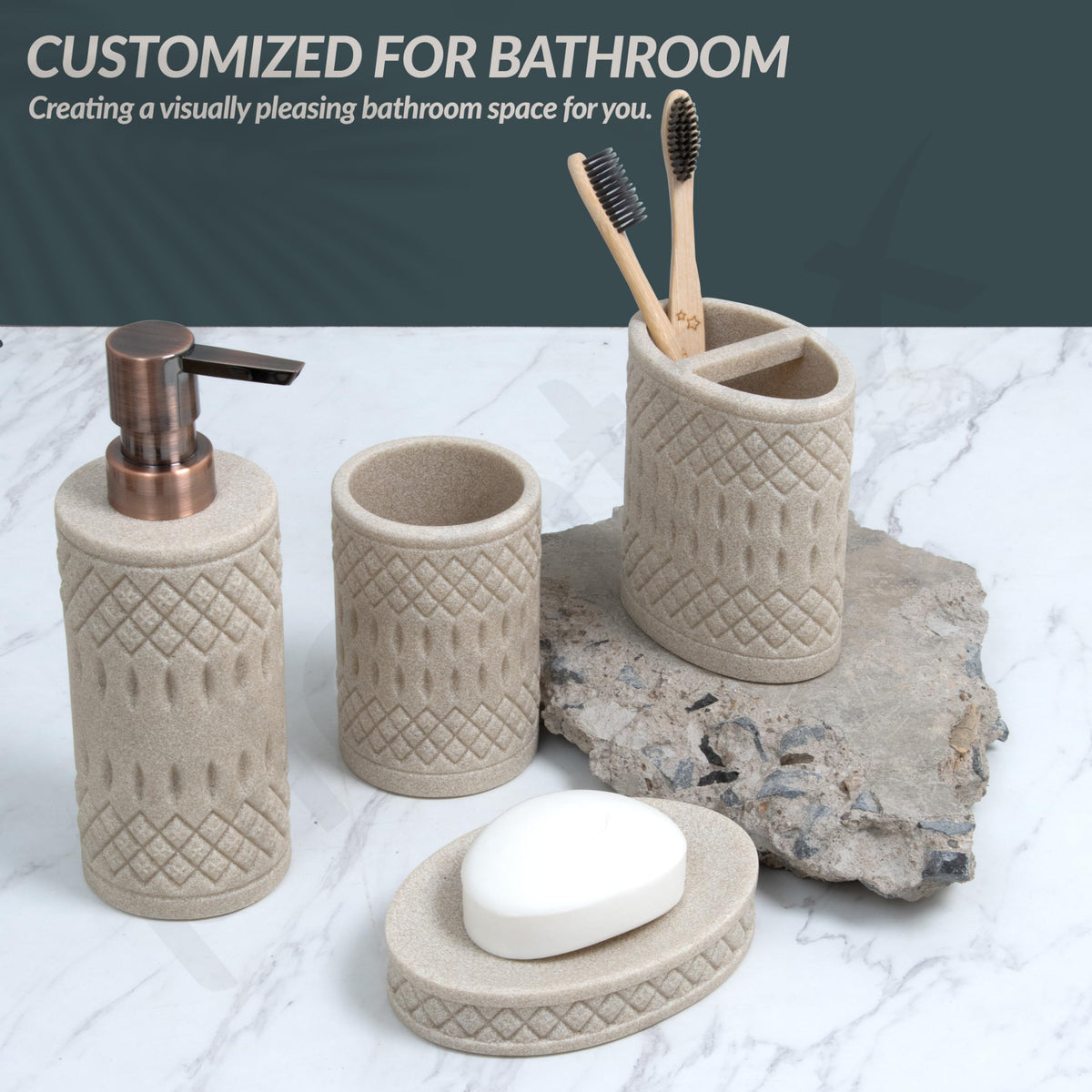 Plantex Resin Bathroom Accessories Set/Soap Holder for Bathroom/Toothbrush Holder/Tumbler Holder/Liquid Soap Dispenser -4 Piece (Beige)-5