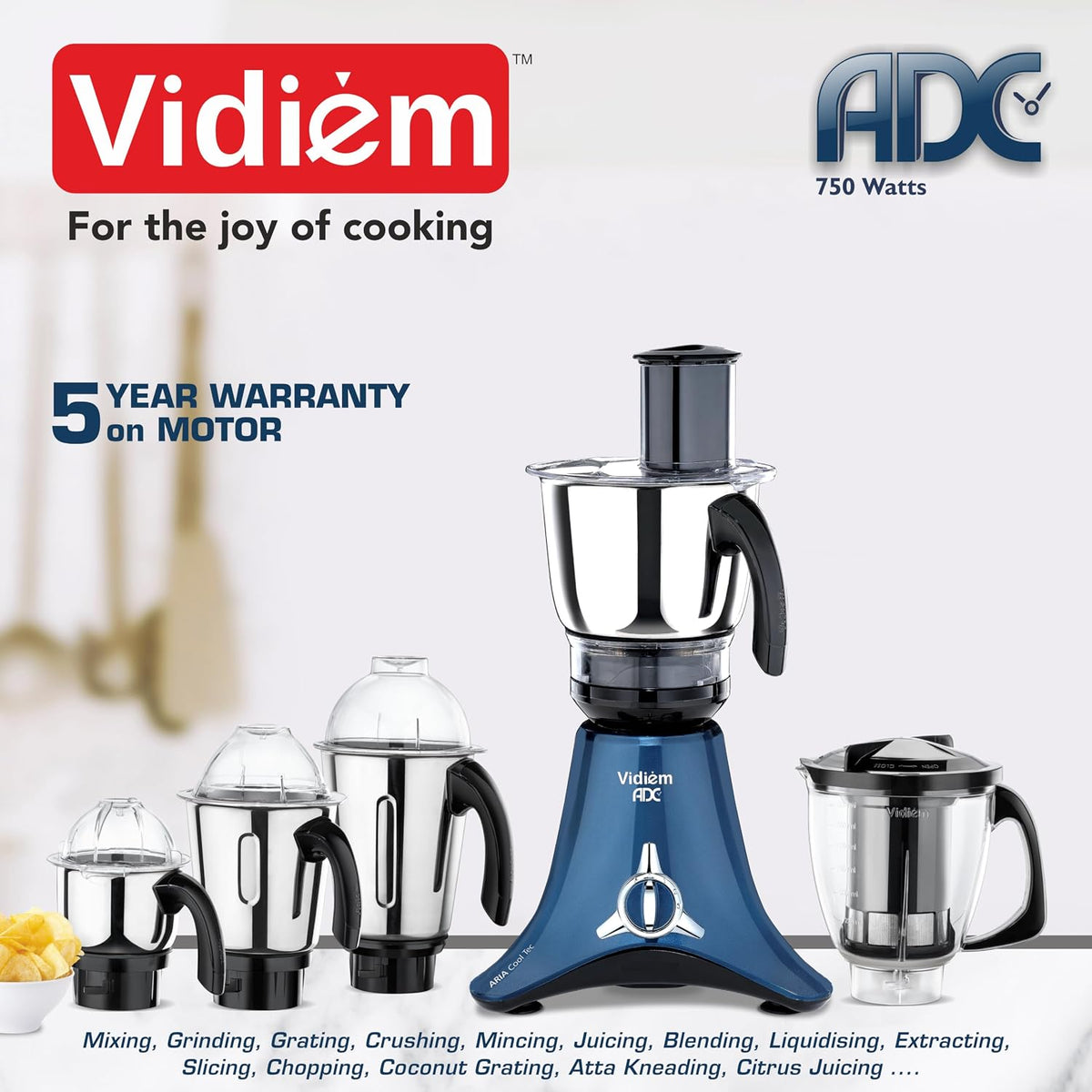 Vidiem VSTAR Azure Blue 750W Mixer Grinder | Mixer grinder 750 watt with 5 Jar in-1 Juicer Mixer Grinder | 5 Leakproof J