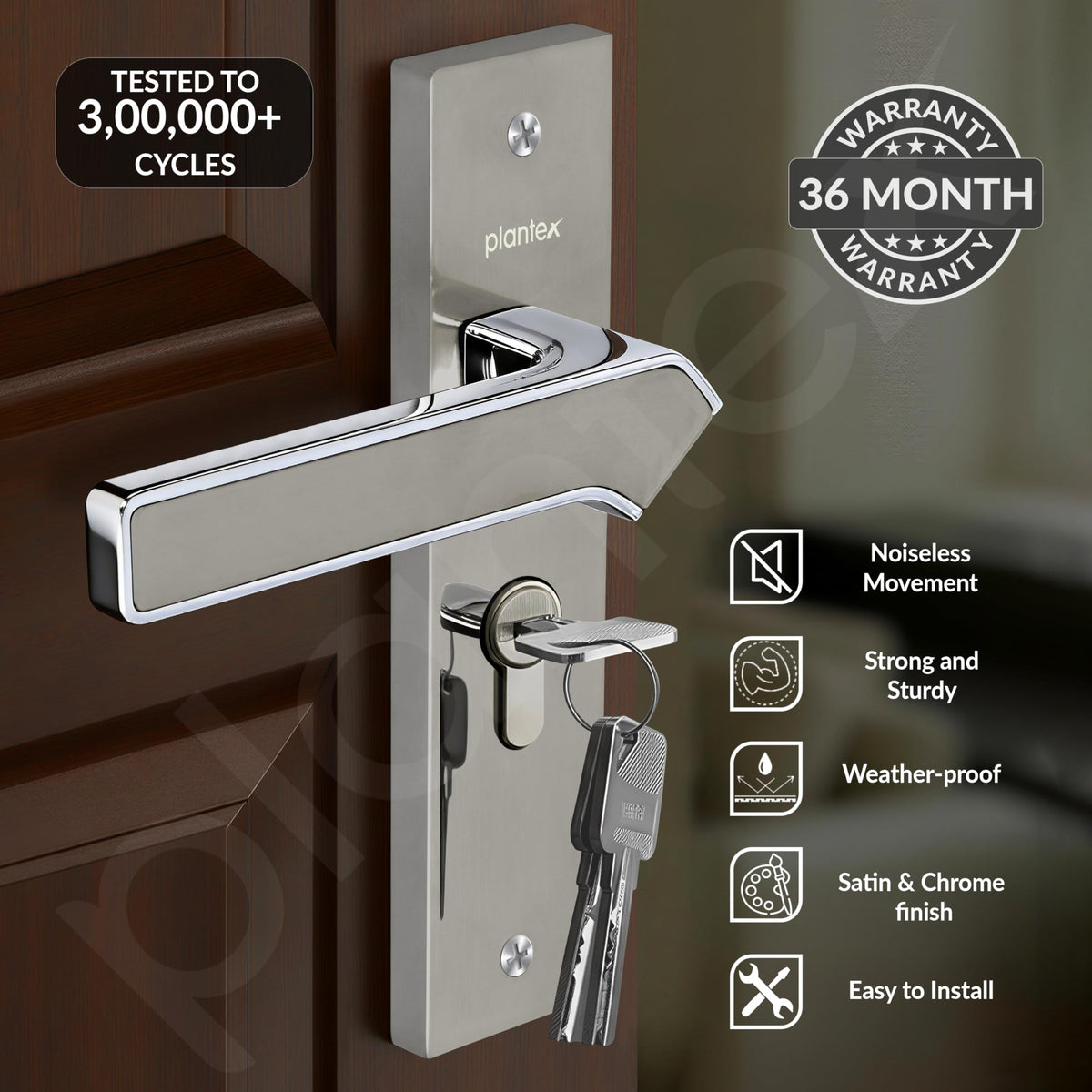 Plantex Heavy-Duty Door Lock/Door Handle Set with 3 Years of Warranty/Mortise Lock with 3 Keys, Brass Lockbody & Cylinder (8133 - Satin Steel & Chrome)-2