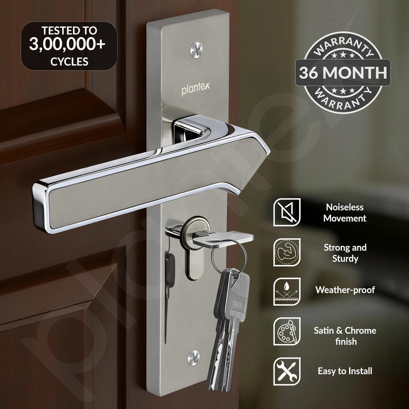 Plantex Heavy-Duty Door Lock/Door Handle Set with 3 Years of Warranty/Mortise Lock with 3 Keys, Brass Lockbody & Cylinder (8133 - Satin Steel & Chrome)-2