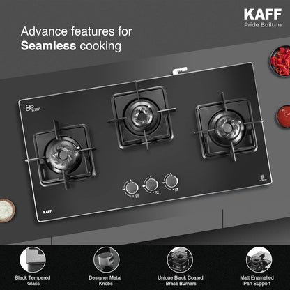 KAFF 3 Burner Cooktop for Kitchen | 71CM With Ignition | For Modern Kitchen | Ergonomic Knob |Tri-Pin Brass Burners| ISI Certified | Black | CTS713BAI