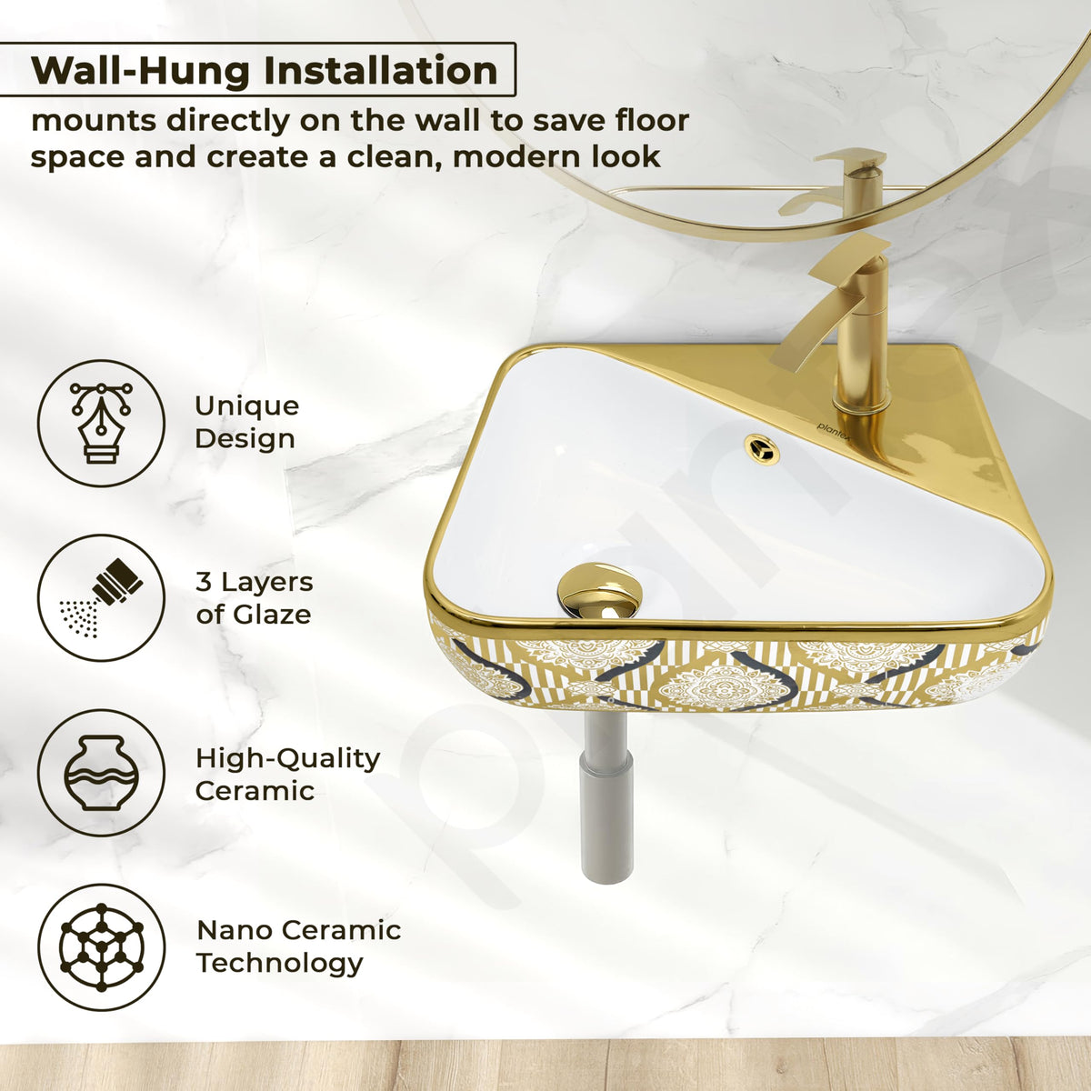 Plantex Ceramic Designer Washbasin for Bathroom/Wall Hung Wash Basin/Rectangle Basin for Home/Office/Hotel (17.5x10.5x5 Inch - White & Gold)-2