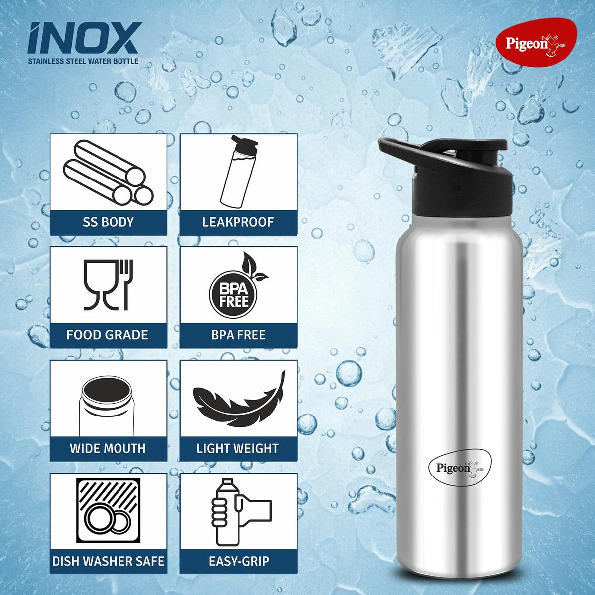 Pigeon Hydra Stainless Steel Drinking Water Bottle Flipper Cap, 0.7 Liters