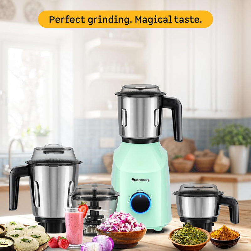 Atomberg Yulia 750 Watt Mixer Grinder | 4 Multipurpose Jars including Chopper Jar | Coarse Mode for Silbatta-like Textures | Powerful Intelligent Motor | Advanced Safety Features | Frosty Mint