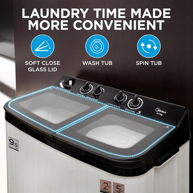 Midea 9.5 Kg 5 Star Toughened Glass Semi Automatic Top Load Washing Machine Black White (MWMSA095GPG(KW) Rust proof Body with 1300 RPM)