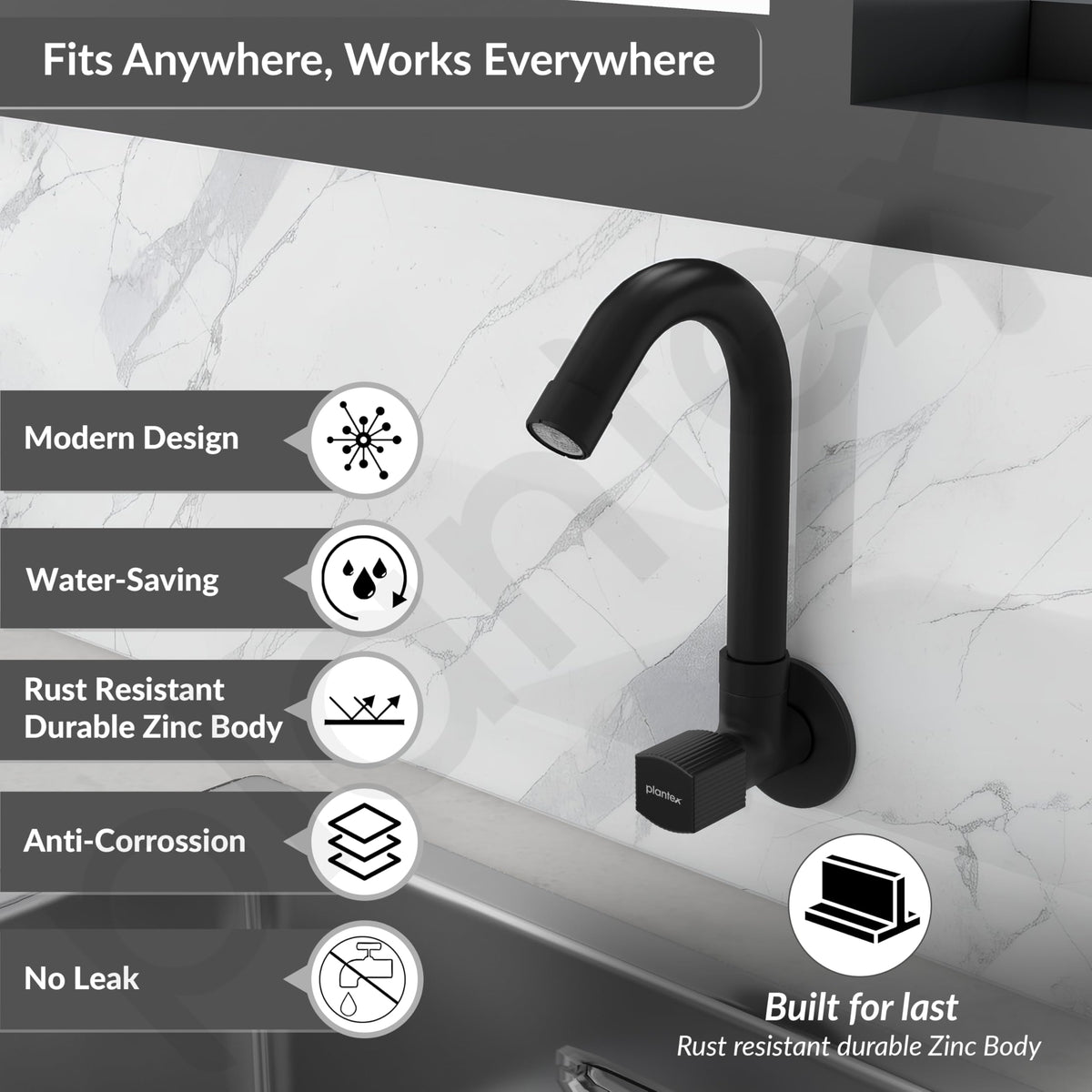 Plantex Single Lever Kitchen Sink Tap with Water Saving Aerator and Brass Spindle Tap/Quarter Turn Sink tap for Kitchen Basin with Wall Flange and Teflon Tape (Black)-2