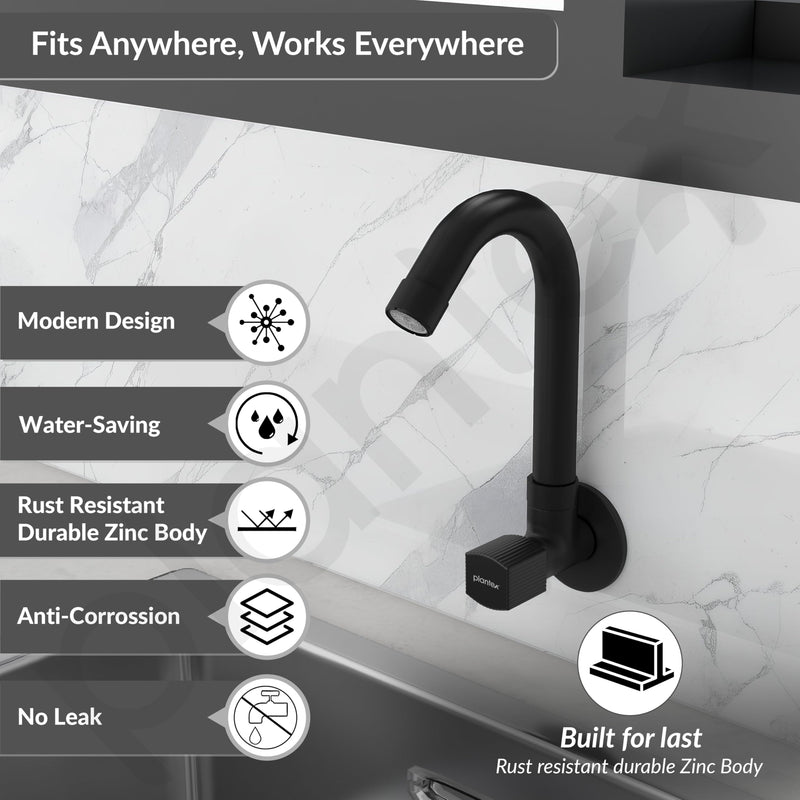 Plantex Single Lever Kitchen Sink Tap with Water Saving Aerator and Brass Spindle Tap/Quarter Turn Sink tap for Kitchen Basin with Wall Flange and Teflon Tape (Black)-2