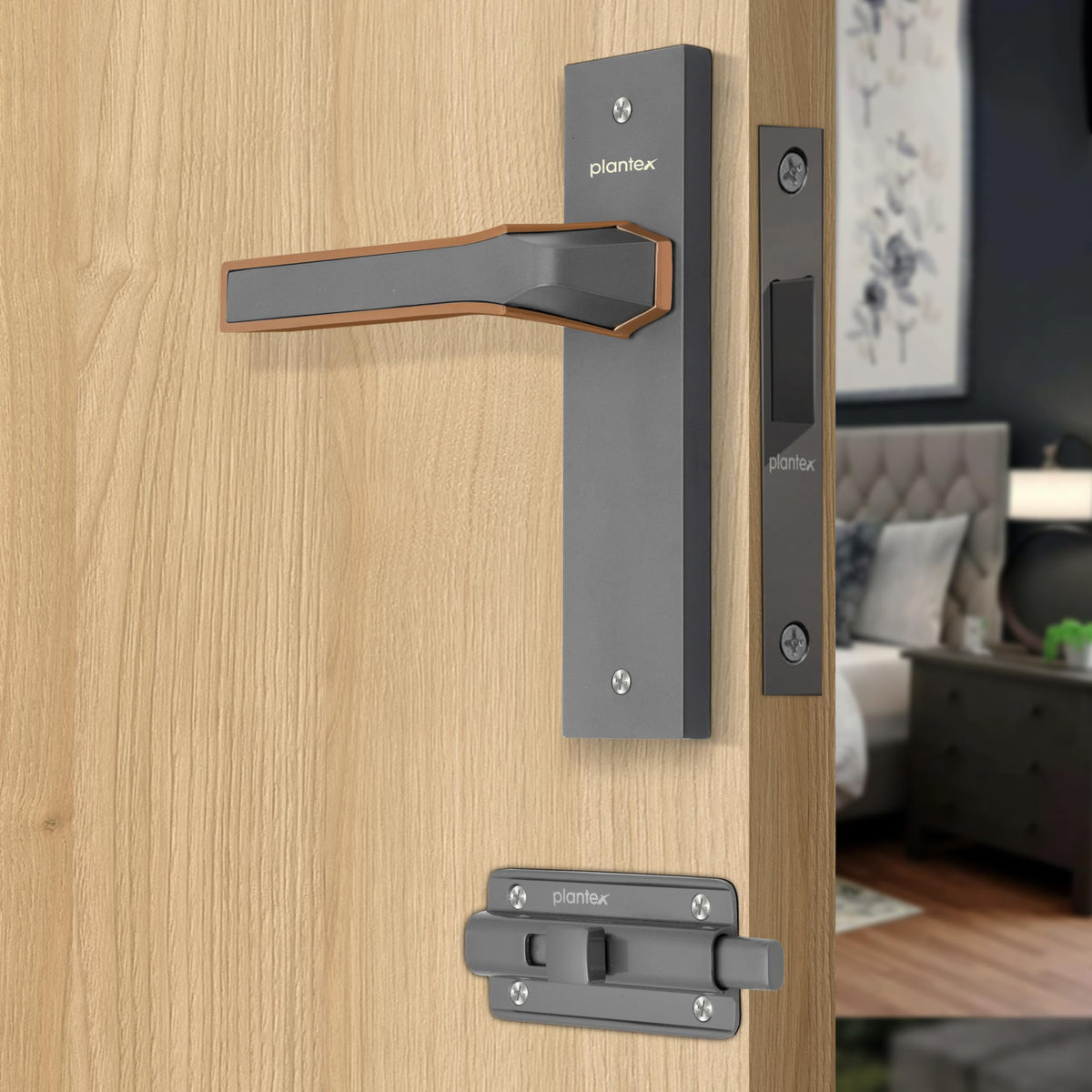 Plantex Heavy Duty Door Lock “ Bathroom Door Lock/Mortise 8inch Keyless Plate Handle Set for Home/Bathroom/Store Room/Balcony/Office with Baby Latch (8126, Grey & PVD Choco)