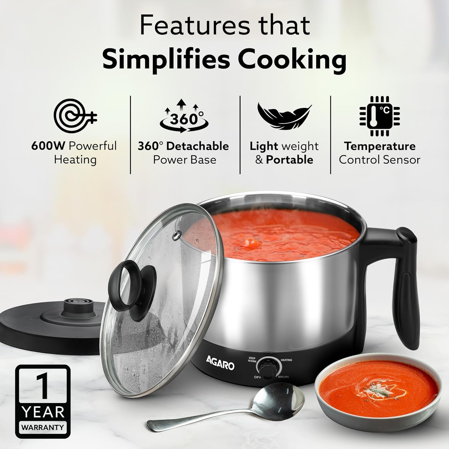 AGARO Esteem Electric Multi Kettle 1.2L, 600W, with Stainless Steel Body, Egg Rack, Grill Rack, 3 Heating Modes & Rapid Boil Technology, Boiling Water, Tea, Coffee, Oats, Noodle, Soup