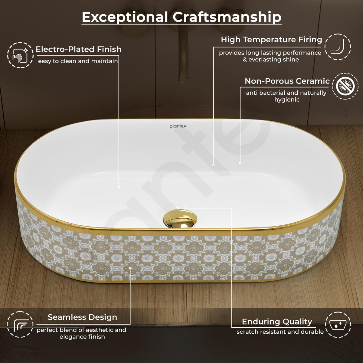 Plantex Designer Washbasin for Bathroom/Ceramic Countertop Basin/Oval Tabletop Wash Basin/Hand Wash Sink for Restaurant/Hotel (20.5x12x4.5 inch - White & Gold)-4
