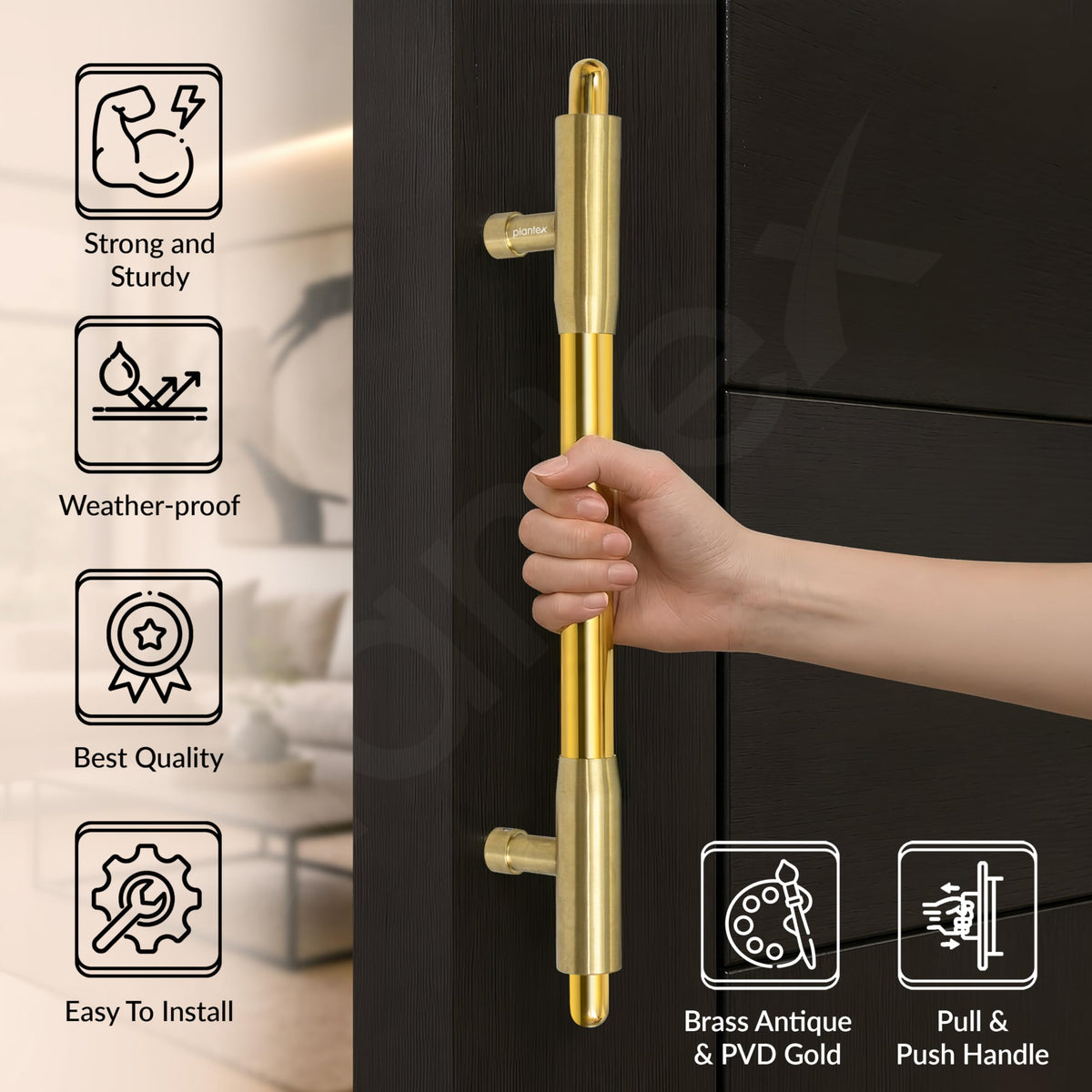Plantex 12 Inch Main Door Handle/Pull-Push Handle for Main Door/Stainless Steel Handle for Home&Office/Hotel - Pack of 1 (Brass Antique & PVD Gold)-3