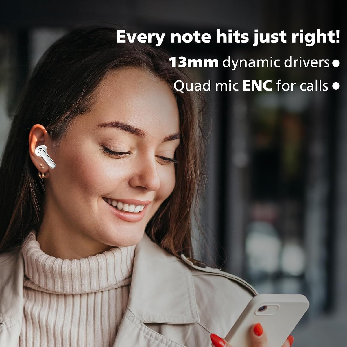 Philips TAT1150WT/94 Wireless Earbuds with ANC,Quad Mic ENC,Up to 55 Hr Playtime, 13mm Neodymium Drivers