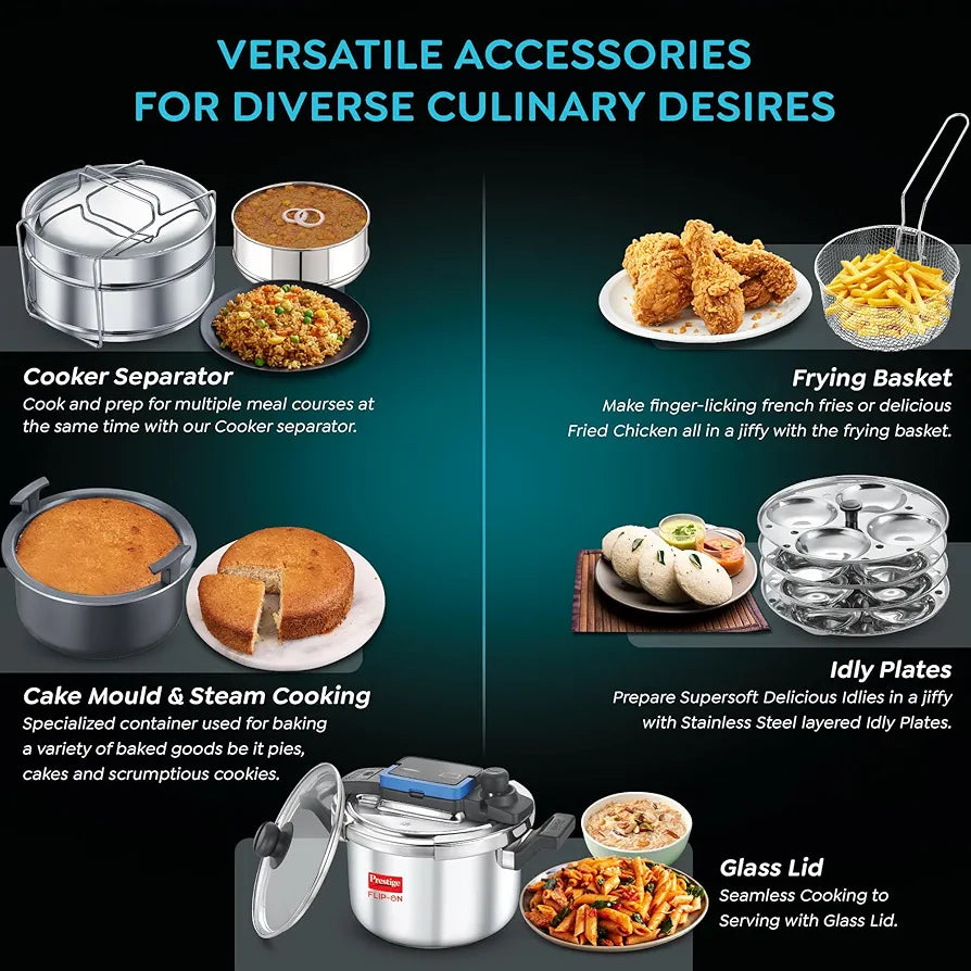 Prestige Cookcenter Induction Cooktop, Flip On Stainless Steel Pressure Cooker 5L 22cm Dia with Glass Lid, 4 Idly Plates, Frying Basket, Cake Mould 2.1, Cooker Separator 19cm Dia