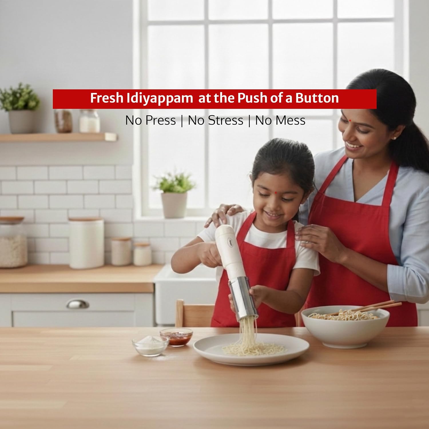 Pigeon Instamami Automatic Noodle Maker with 6 Moulds | Cordless Type-C Idiyappam & Pasta Maker | Portable Handheld Noodle Press | Cream