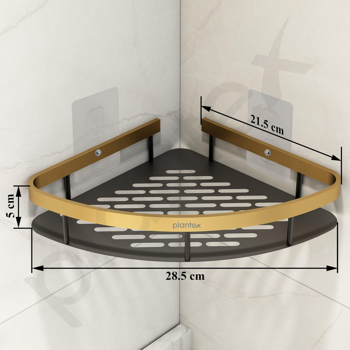 Plantex Corner Shelf for Bathroom Wall Mount/Aluminium Kitchen Corner Stand for Wall with Golden Railing & Magic Stickers/Bathroom Accessories Self Adhesive (9x9 inches, Gold & Black) - Pack of 2-3