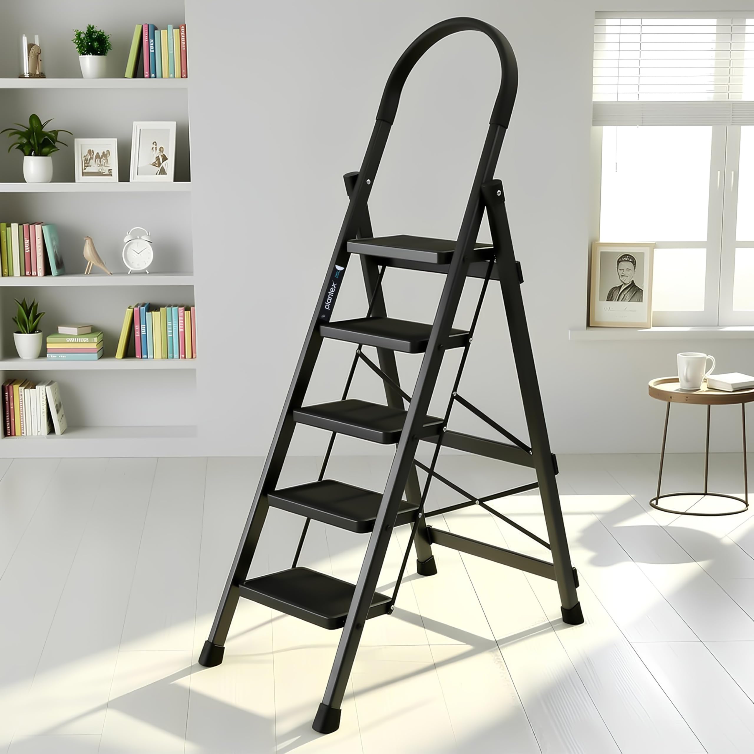 Plantex Ladder for Home 6 Steps/Foldable Ladder with Anti-Skid Wide Steps (30L x 20W cm)/Strong D-Shape Pipe with X-Support for More Stability/5 Year Warranty(Apex-White)