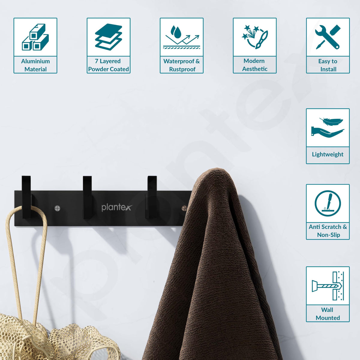 Plantex Aluminum Hook Rail with L-Shape Hooks for Walls of Bathroom/KitchenHook Rail Bar for Clothes/Towel/Keys-Pack of 2 (4 Hooks, Black)-4
