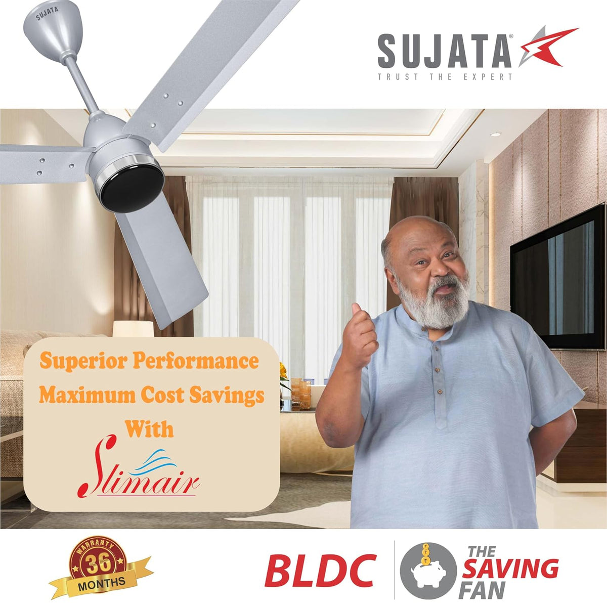 Sujata Slim Air BLDC 1200 mm Ceiling Fan with Remote | 5 Star - Gray Chrome