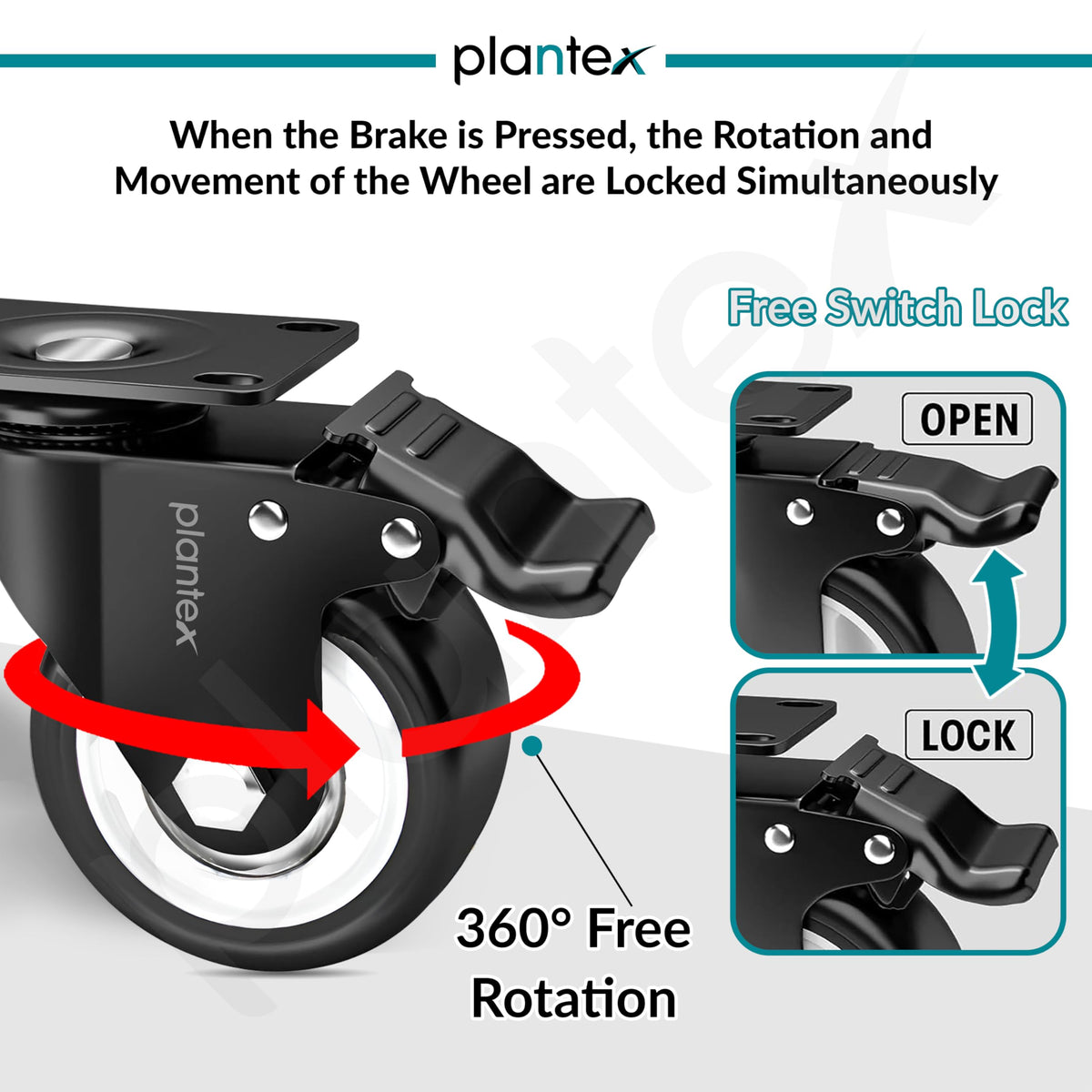 Plantex 2 Inch Caster Wheel/Soft PU Swivel Caster Wheels with 360 Degree and No Noise/Wheels for Furniture/Trolley Cart/Table (Black) - Set of 4 (2 with Brakes & 2 Without)-4