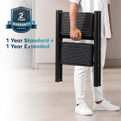 Corvids 2-Step Heavy-Duty Carbon Steel Step Stool, 2-Year Warranty, Anti-Slip Wide Steps, Portable Multipurpose Folding Step Ladder for Home, Kitchen & Office Use (Black)