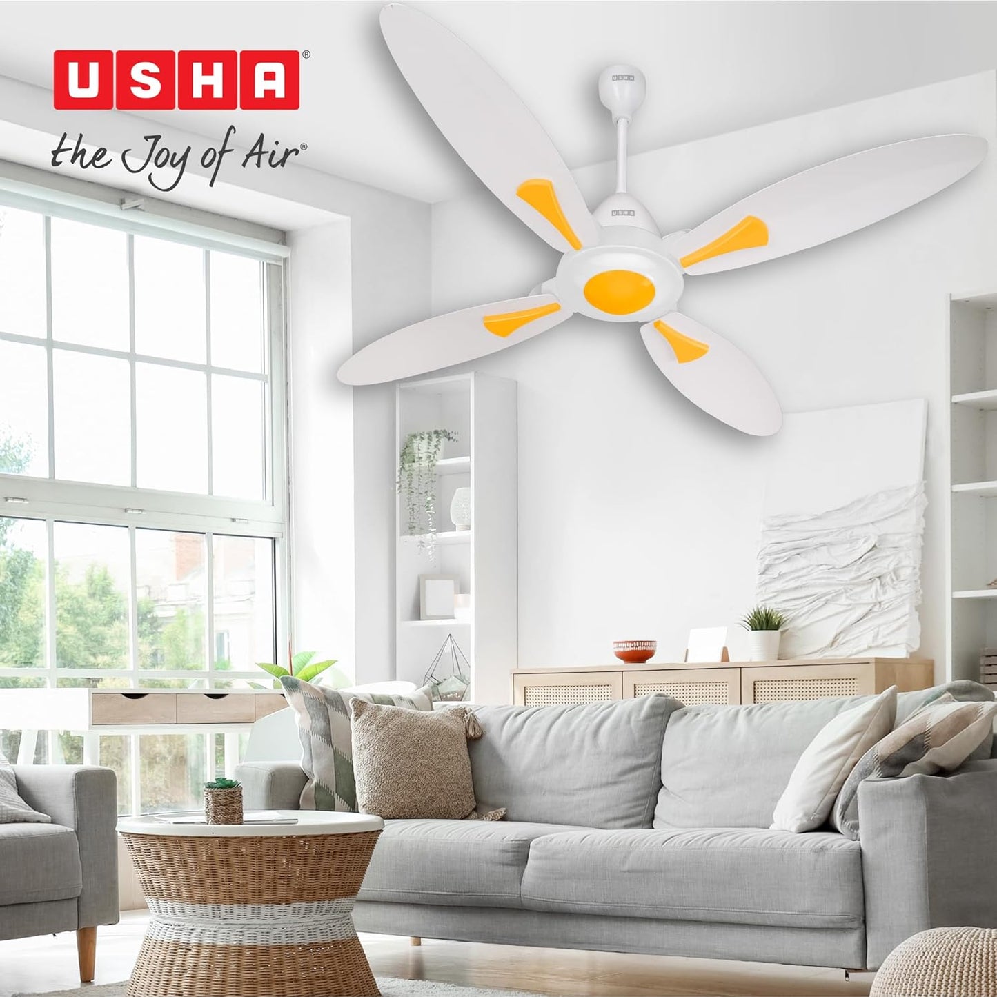USHA New Bloom Series Dahlia (Inspired by Dahlia) 4-Blade BLDC Ceiling Fan with Bi-Directional Feature | Sleep/Boost/Timer Modes | RF Remote | Dust-Resistant | Whisper-Quiet (White & Saffron Yellow)