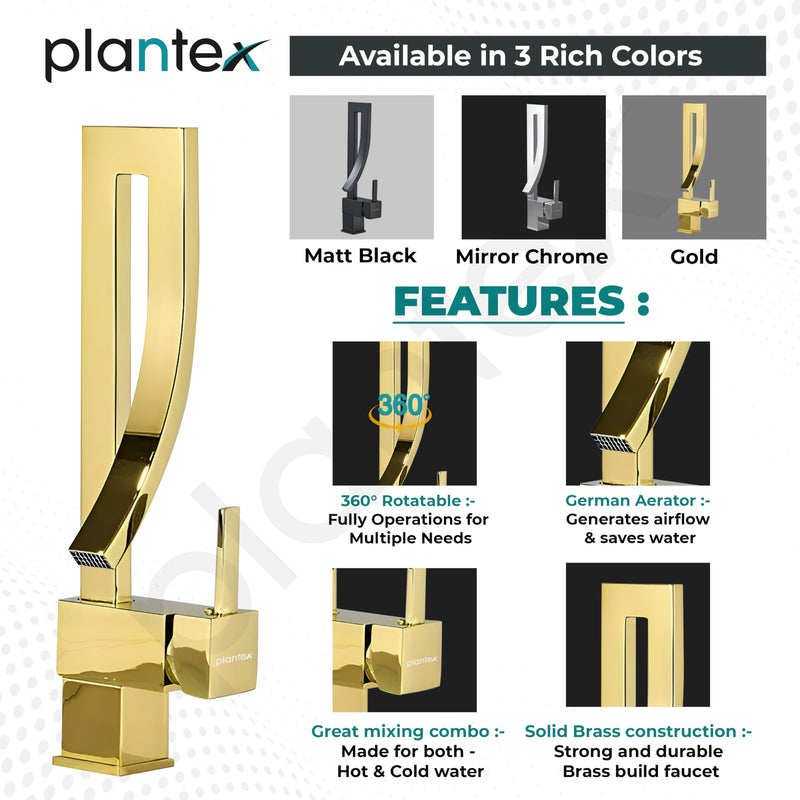 Plantex Brass Wash Basin Tap/Pillar Tap for Wash Basin/Sink Tap for Kitchen Basin with Hot and Cold Connection Pipes -(Gold)-4