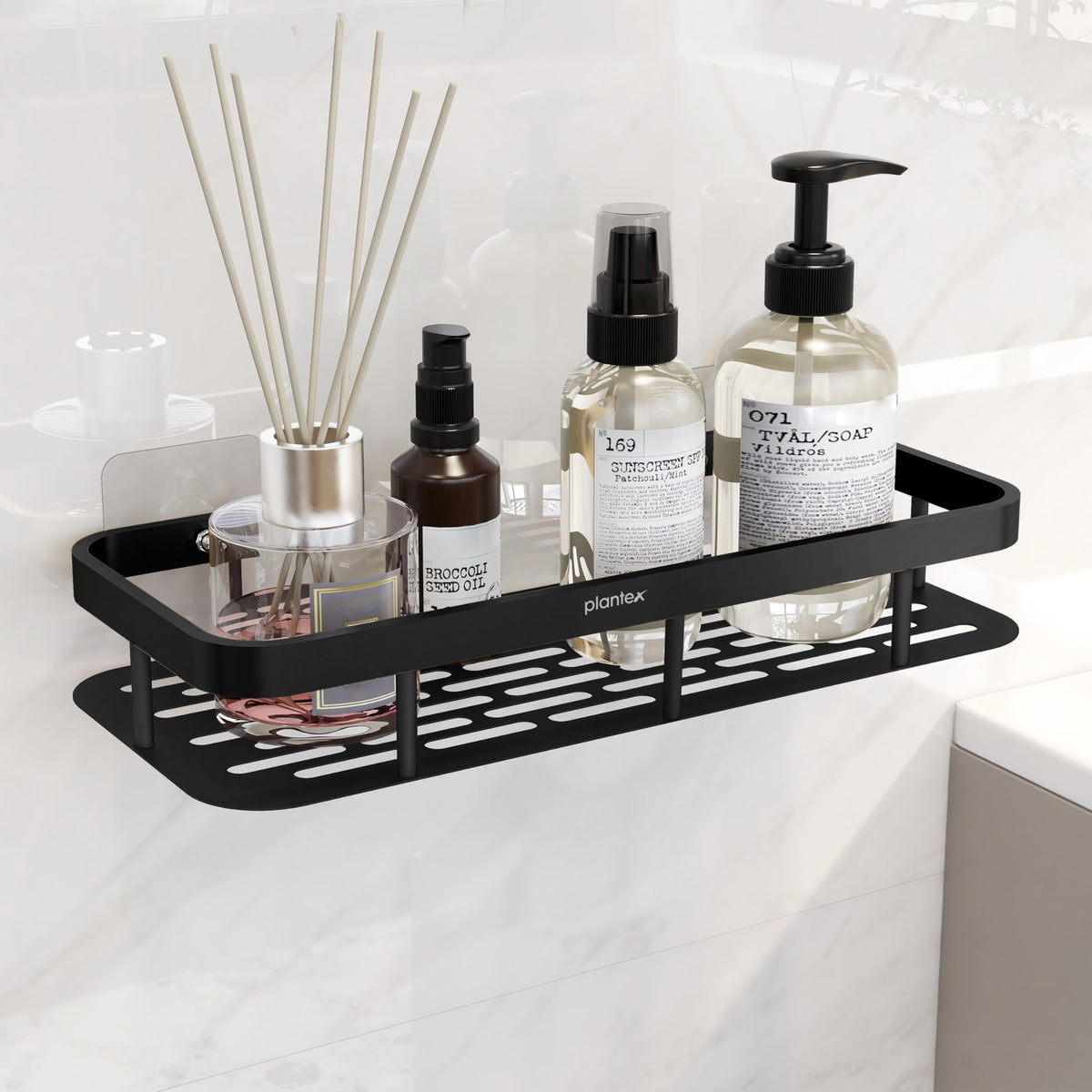 Plantex Bathroom Organizer Without Drill/Stainless Steel & Aluminium Shelf for Wall with Adhesive Stickers - Pack of 1 (12x5 inch, Black)-1