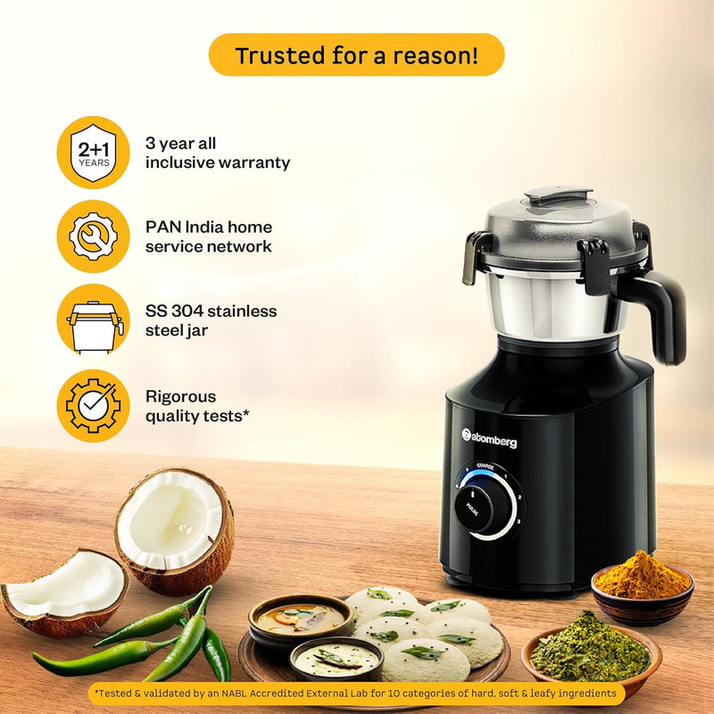Atomberg Zenova Mixer Grinder | Unique Coarse Mode for Silbatta-like Texture | Intelligent BLDC Motor | Safety Features | 4 Jars including Chopper | Hands-Free Operation (Black)