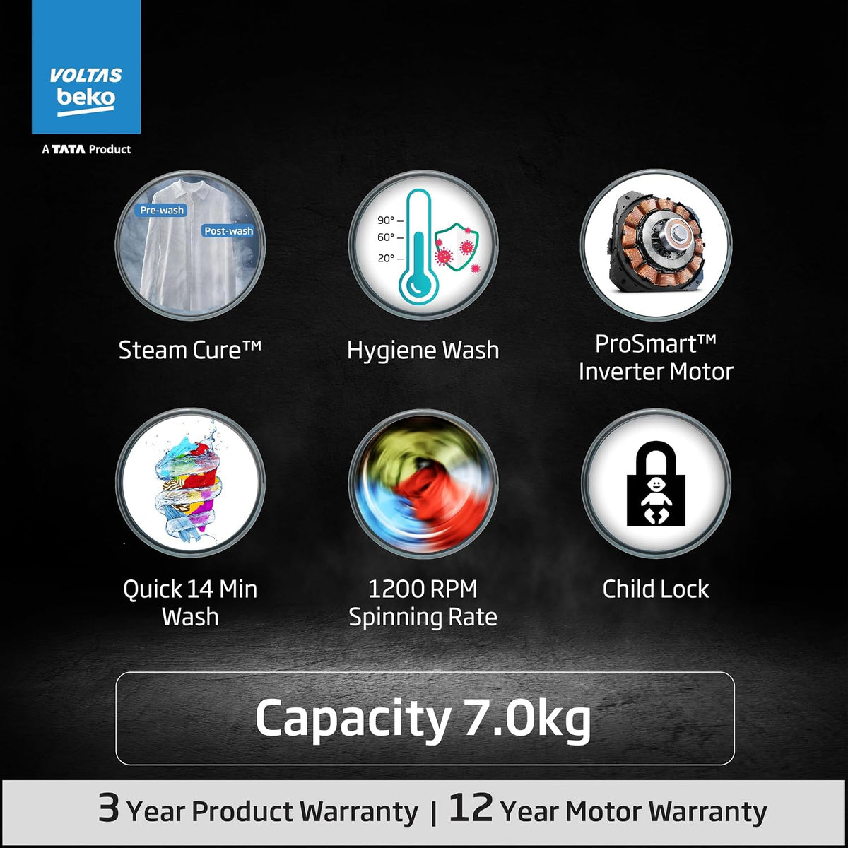 Voltas Beko, A Tata Product 7 Kg 5 Star Inverter, Quick 14-Min Wash Fully Automatic Front Load Washing Machine (WFL7012B7JVBKA/WXV, White, Inbuilt)-2