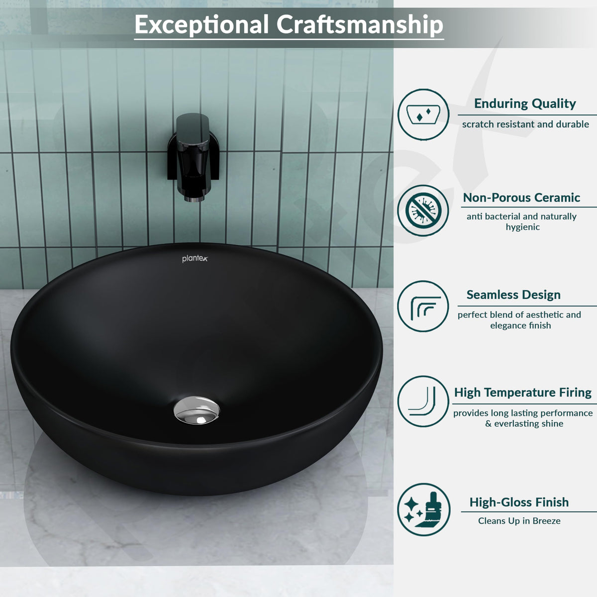 Plantex Platinum Ceramic Tabletop Round Wash Basin/Countertop Bathroom Sink/Tabletop Wash Basin(Black, 15.5 x 15.5 x 5 Inch)-4
