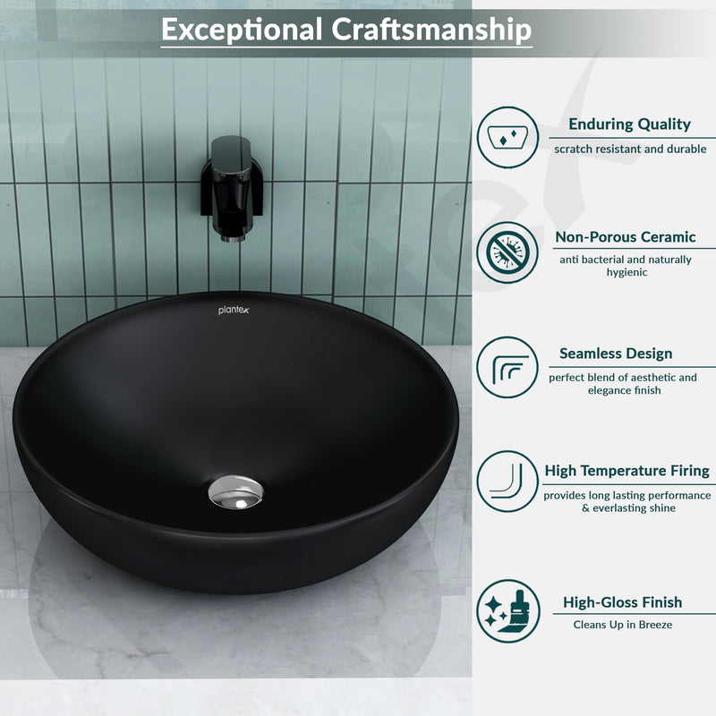 Plantex Platinum Ceramic Tabletop Round Wash Basin/Countertop Bathroom Sink/Tabletop Wash Basin(Black, 15.5 x 15.5 x 5 Inch)-4