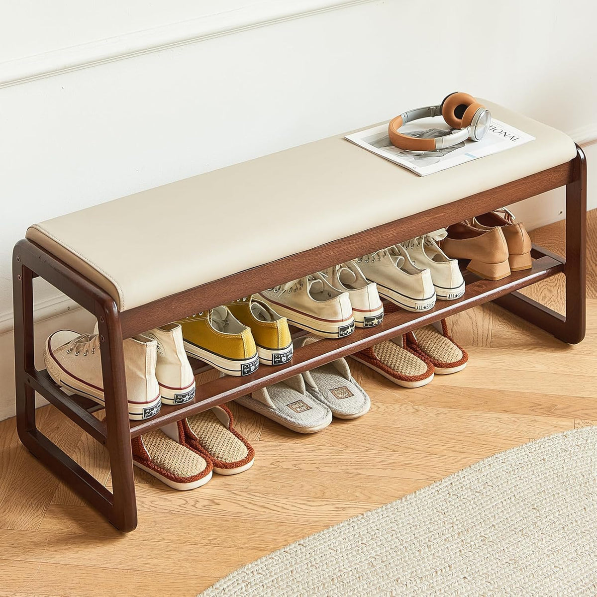 Mid-Century Elegant Wooden Shoe Bench with Padded Seat – 2-Tier Shoe Rack for Entryway, Living Room, or Bedroom