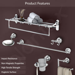 Plantex Bathroom Set - Stainless Steel Folding Towel Rack with 304 Grade Skyllo Bathroom Accessories Set of 5 - Towel Rod/Napkin Ring/Tumbler Holder/Soap Holder/Robe Hook - Combo (Chrome)-2