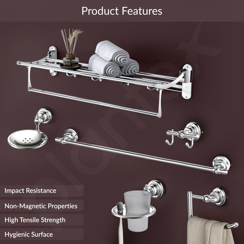 Plantex Bathroom Set - Stainless Steel Folding Towel Rack with 304 Grade Skyllo Bathroom Accessories Set of 5 - Towel Rod/Napkin Ring/Tumbler Holder/Soap Holder/Robe Hook - Combo (Chrome)-2