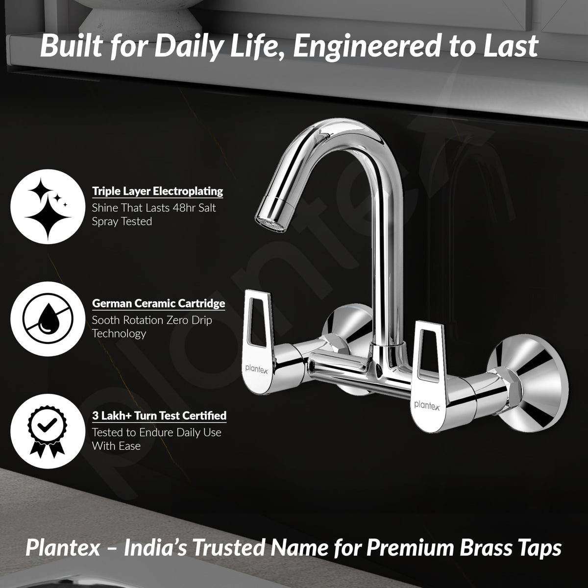 Plantex Sink Tap for Kitchen Sink/360 Degree Rotating with Foam Flow/Hot & Cold Sink Mixer/Wall Mount Sink Mixer with Wall Flange and Teflon Tape - Pack of 1 (Chrome, 3223)-3