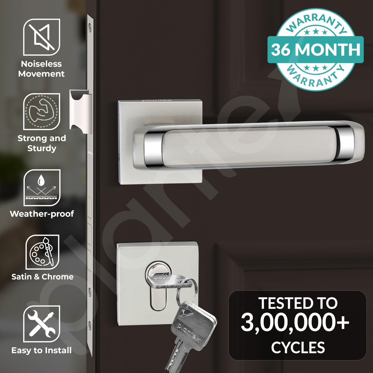 Plantex Mortise Door Lock for Home/Main Door Lock Set with 3 Years of Warranty/Mortice Lock for Door with Brass Lock Body & Cylinder (7127, Satin White & Chrome)-2