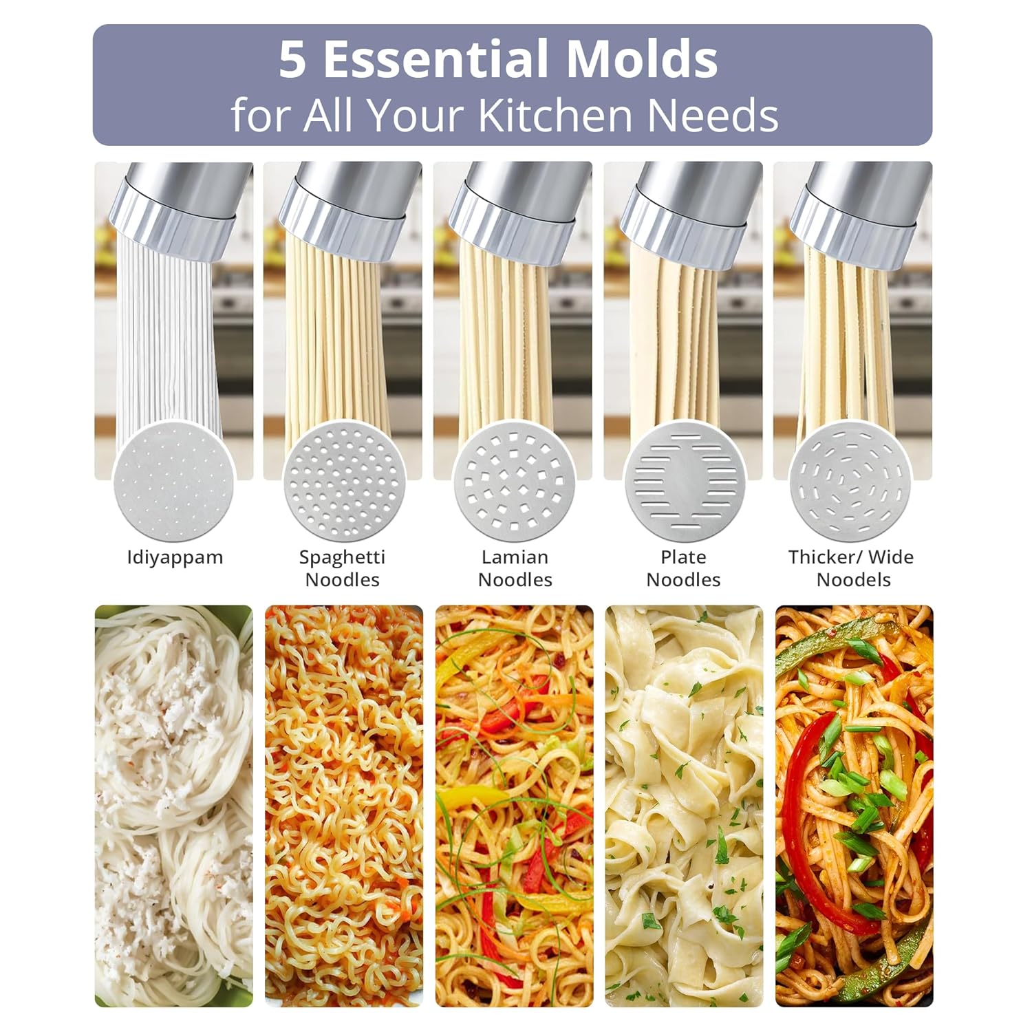 IBELL Electric Idiyappam Maker, Pasta & Noodle Maker with 5 Molds, 50Watts Power, 50 Times for Full Charge, Cordless with Rechargeable Battery(White)